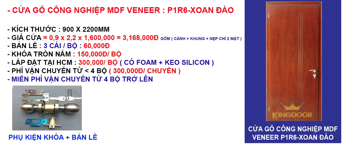 Báo giá cửa gỗ công nghiệp mdf veneer mẫu P1R6-Xoan Đào