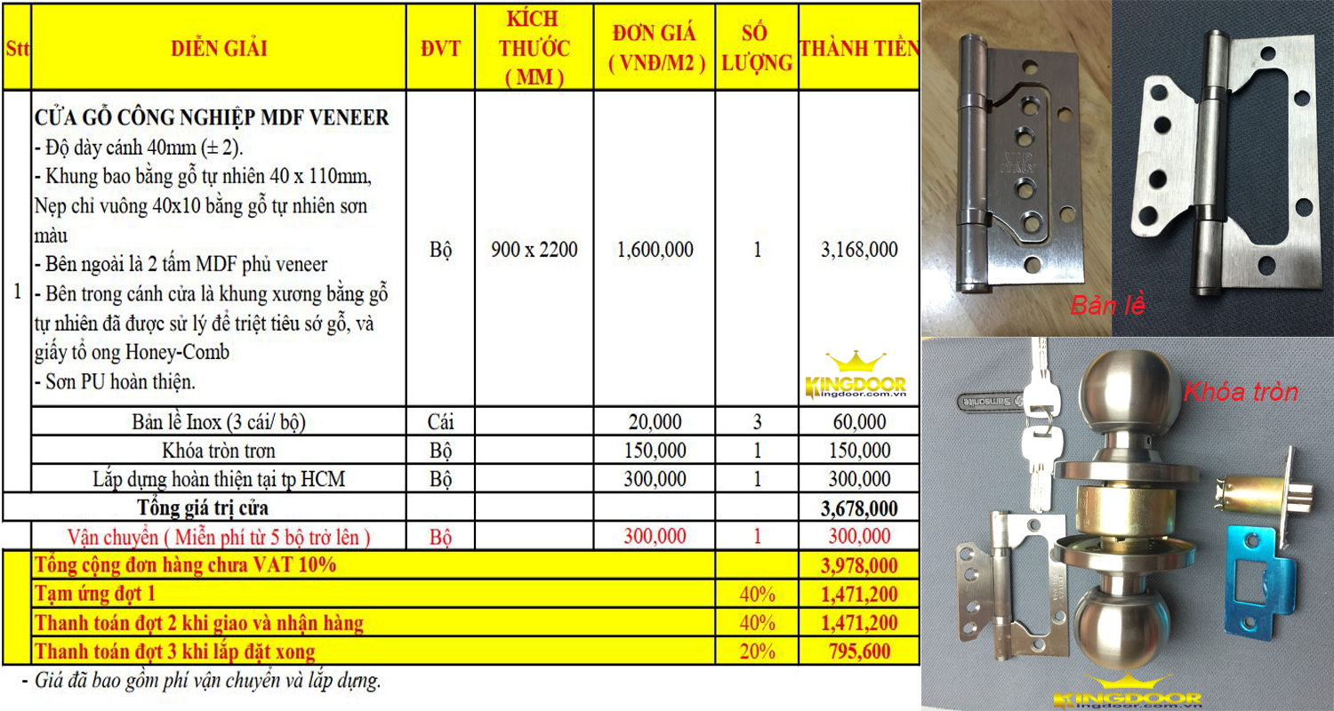 Báo giá cửa gỗ công nghiệp mdf veneer gồm phụ kiện -Kingdoor 2020