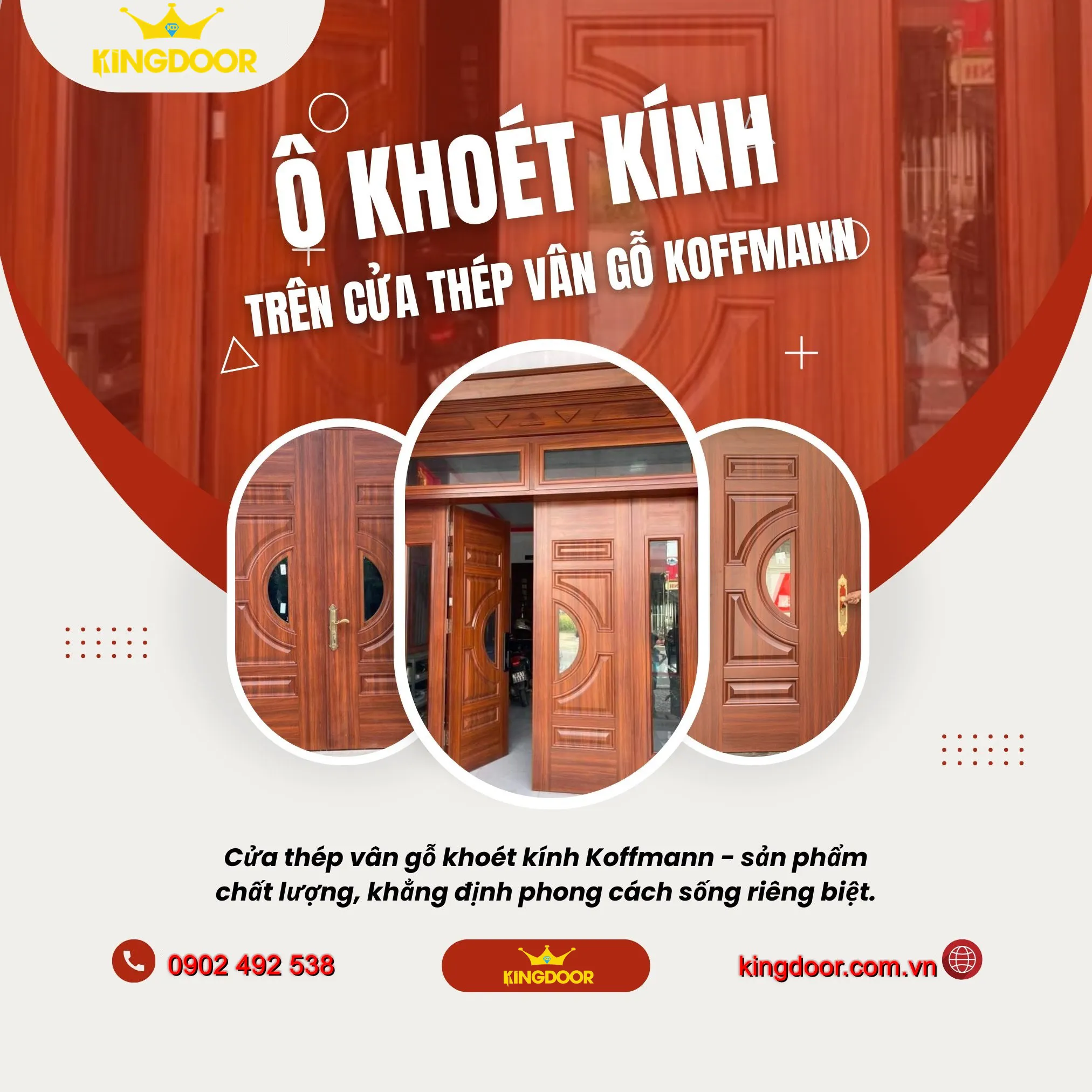Cửa thép vân gỗ khoét kính huỳnh bán nguyệt
